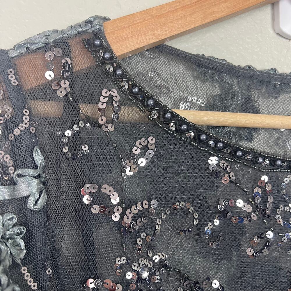 Sue Wong Nocturne Size 8 Short Sleeve Sheath Silver Sequin Cocktail Dress - Picture 7 of 13